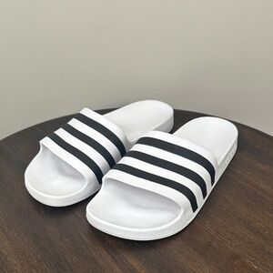 Adidas Black and White Striped Slides